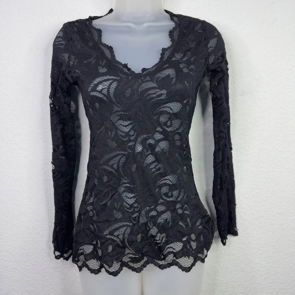 H&M Shirt‎ Womens XS Black Lace Floral Sheer Layering Fairygoth Romantic Witchy
